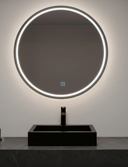 Espejo para baño redondo de 60 cm con Luz led + Encendido Tactil Touch + 1 Franja Esmerilada